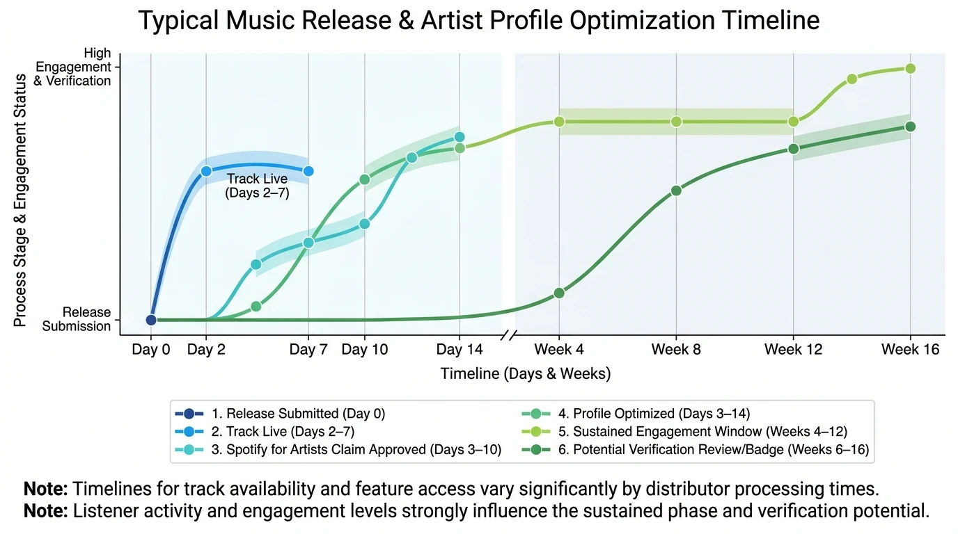 Line chart showing a typical timeline from Release Submitted (Day 0) → Track Live (Day 2–7) → Spotify for Artists Claim Approved (Day 3–10) → Profile Optimized (Day 3–14) → Sustained Engagement Window (Weeks 4–12) → Potential Verification Review/Badge (Weeks 6–16)