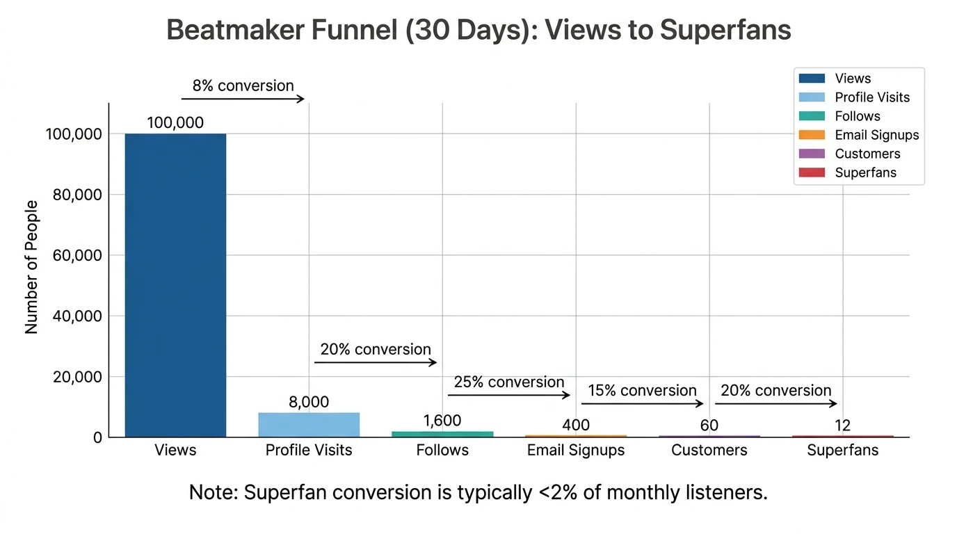 Bar chart showing a sample beatmaker funnel over 30 days—100,000 views → 8,000 profile visits → 1,600 follows → 400 email signups → 60 customers → 12 superfans
