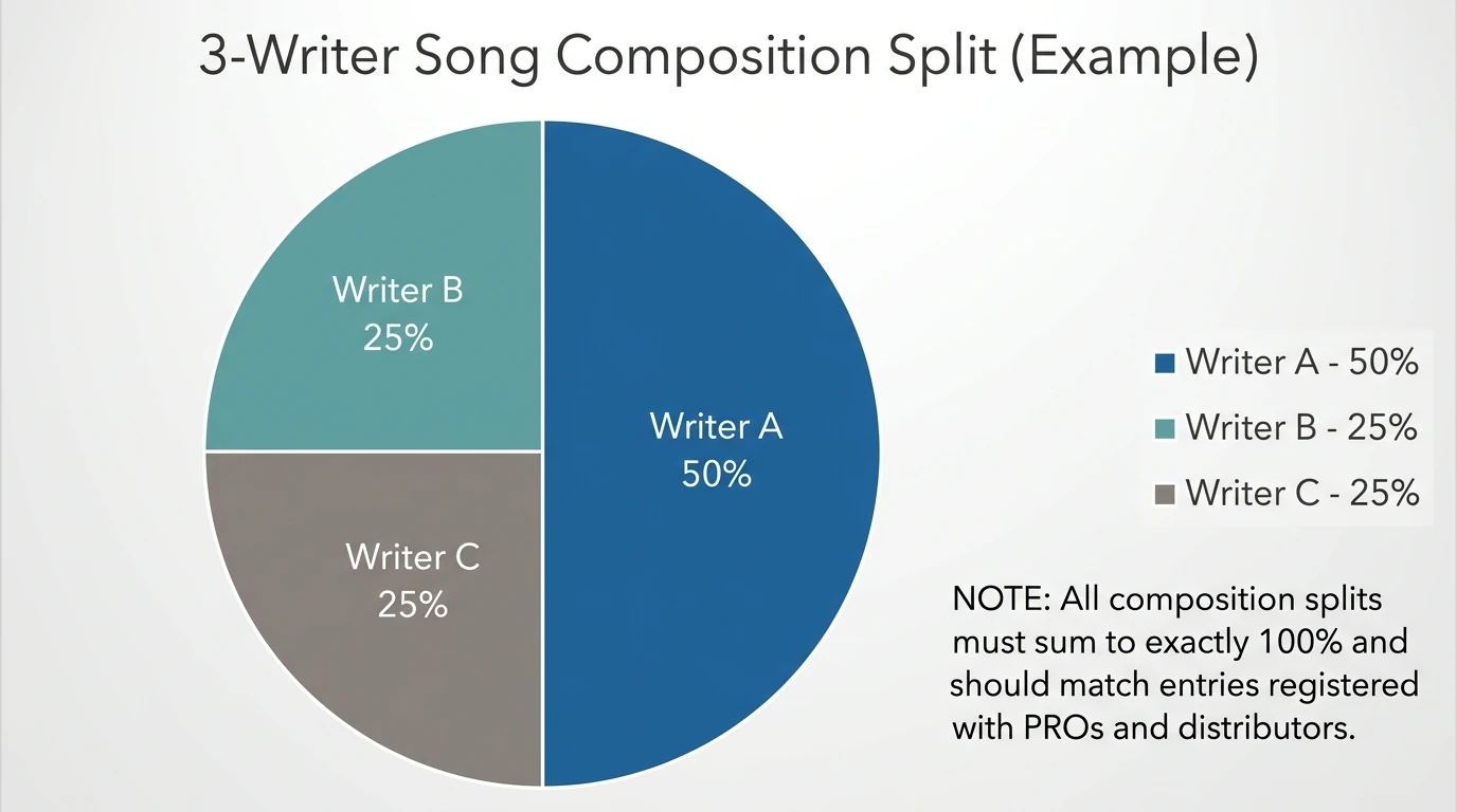 Pie chart showing an example composition split totaling 100% for a 3-writer song—Writer A 50%, Writer B 25%, Writer C 25%