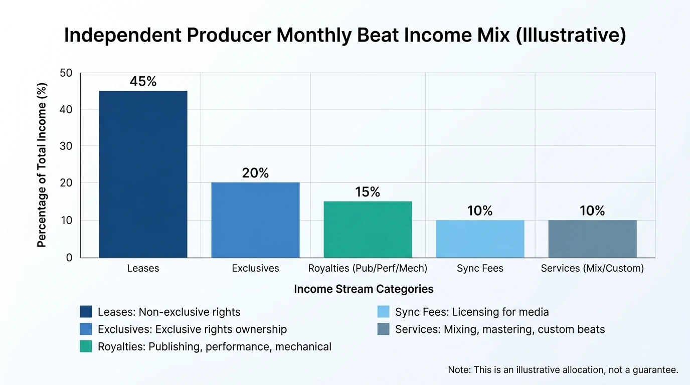 Bar chart showing example monthly beat income mix for an independent producer: Leases 45%, Exclusives 20%, Royalties (publishing/performance/mechanical) 15%, Sync fees 10%, Services (mixing/custom beats) 10%