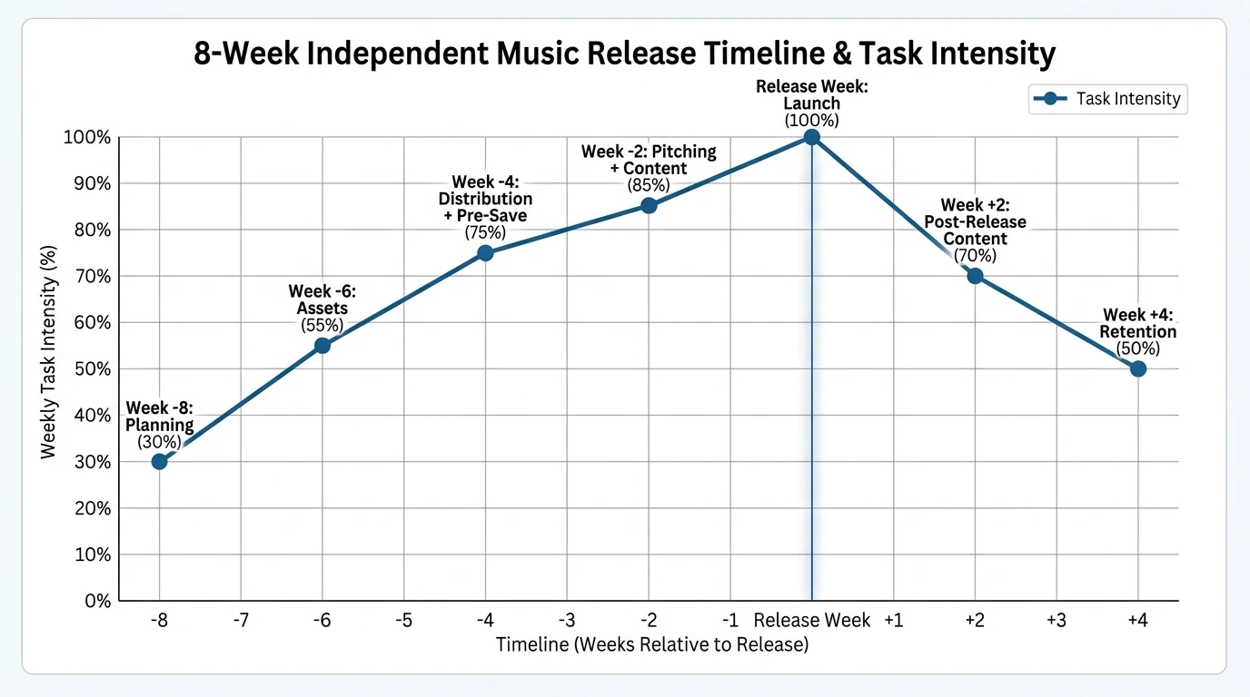Line chart showing a 8-week independent music release timeline with weekly task intensity