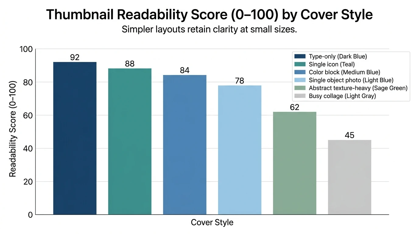Bar chart showing “Thumbnail Readability Score (0–100)” by cover style: Type-only 92, Single icon 88, Color block 84, Single object photo 78, Abstract texture-heavy 62, Busy collage 45