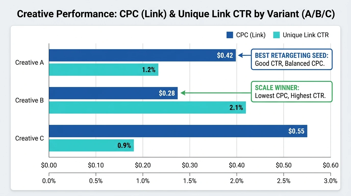 Bar chart showing CPC (link) by creative A/B/C with values $0.42, $0.28, $0.55, plus a second bar set for Unique Link CTR 1.2%, 2.1%, 0.9%