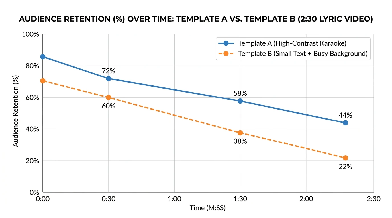 Line chart showing audience retention (%) over time for a 2:30 lyric video