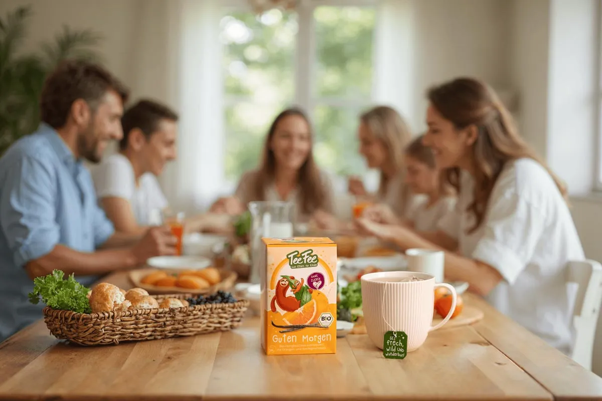 TeeFee Guten Morgen Beuteltee auf einem Frühstückstisch