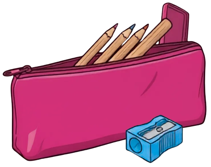 Illustration eines Federmäppchens mit Stifeten und einem Spitzer