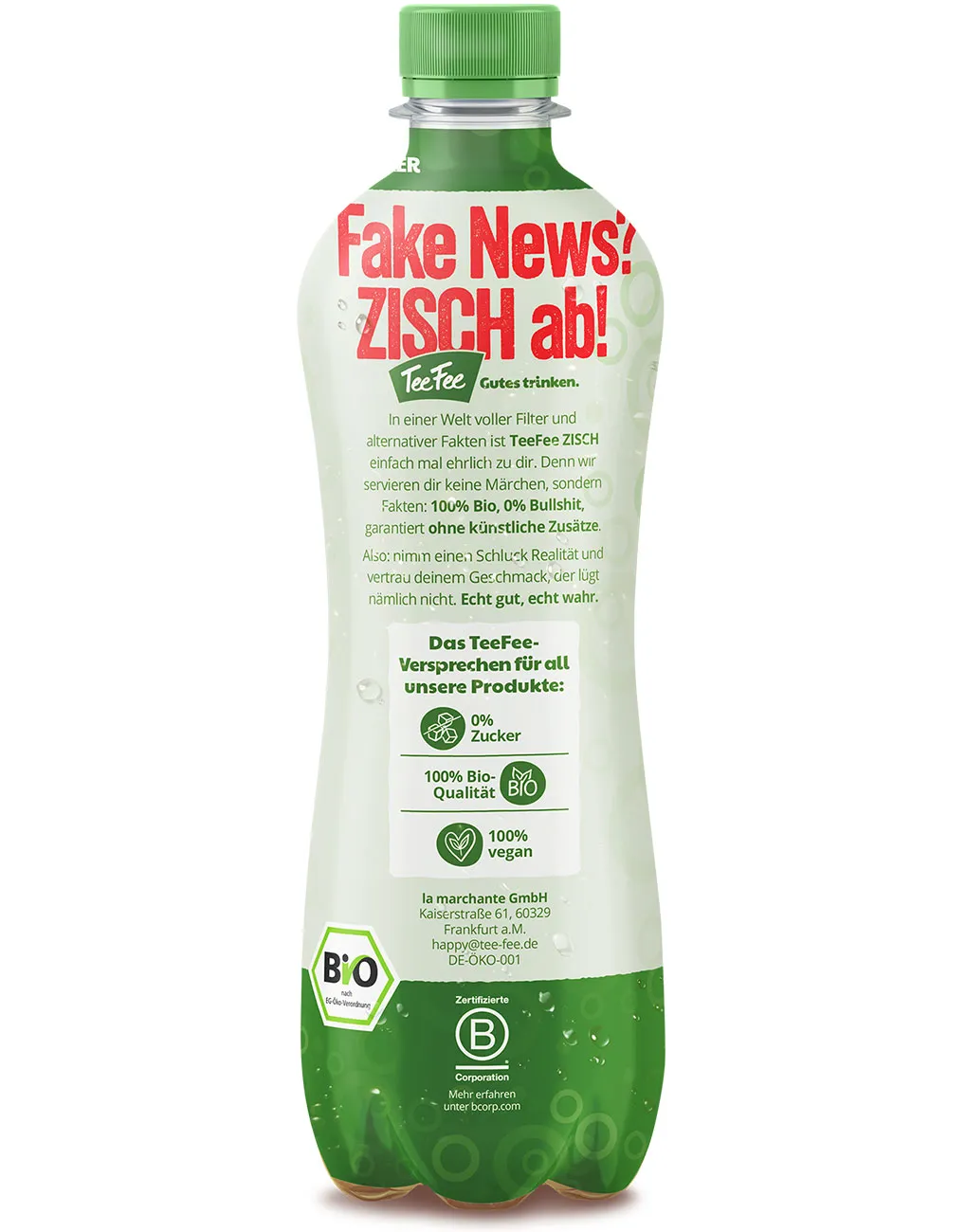 ZISCH Apfel die erste zuckerfreie Bio-Erfrischung in der 500ml rePET Flasche Rückseite