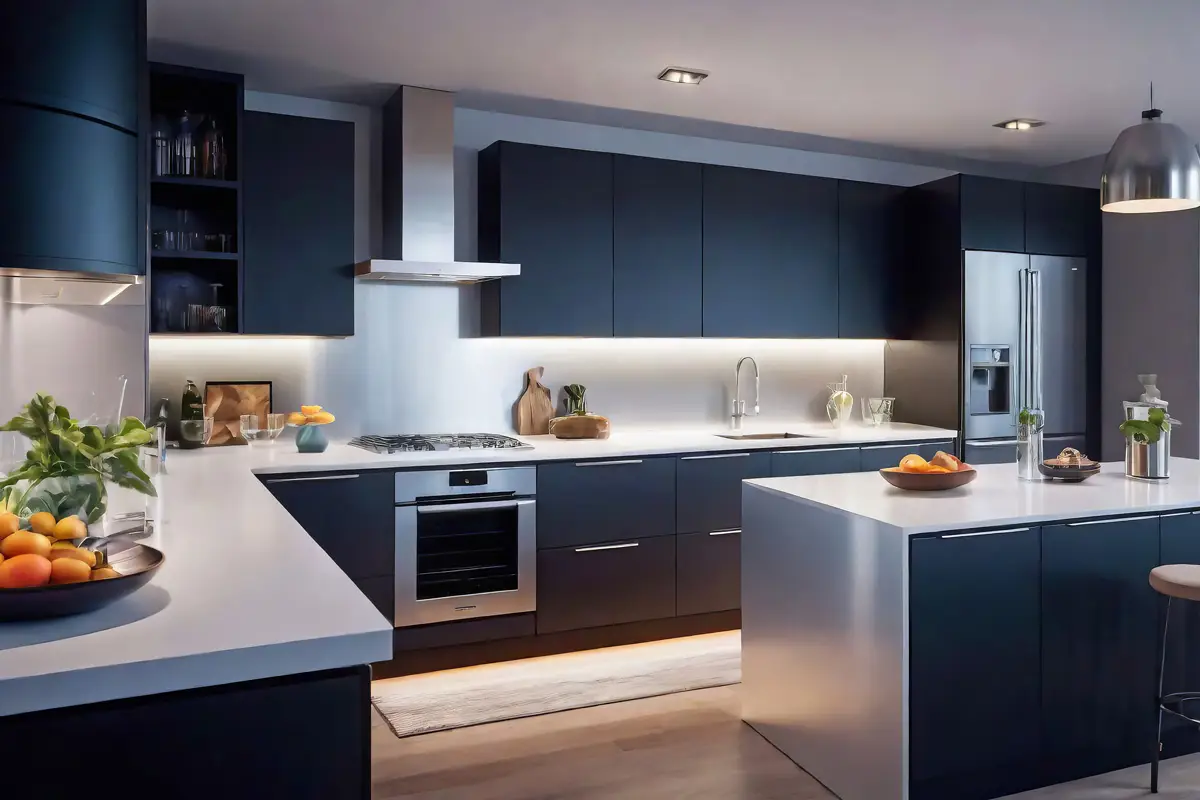 Moderne Designküche in dunklem Mattlack mit Kochinsel, LED-Beleuchtung und Edelstahlakzenten.