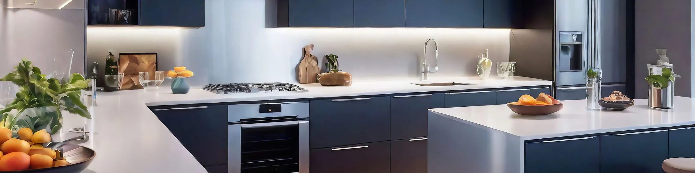 Moderne Designküche mit mattschwarzen Fronten, weißen Arbeitsplatten und Kücheninsel im Panoramaformat.