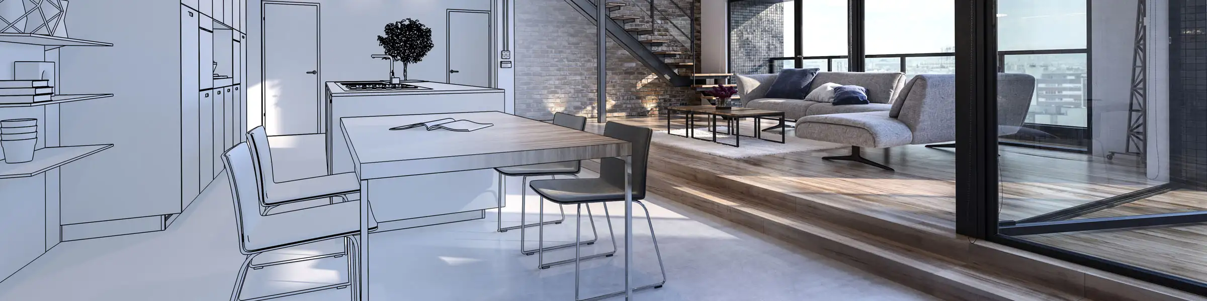 Visualisierung eines Innenarchitekturprojekts: Linke Bildhälfte als technische Skizze einer Küche, rechte Bildhälfte als fotorealistische moderne Loftwohnung mit offener Treppe und großen Fensterfronten.