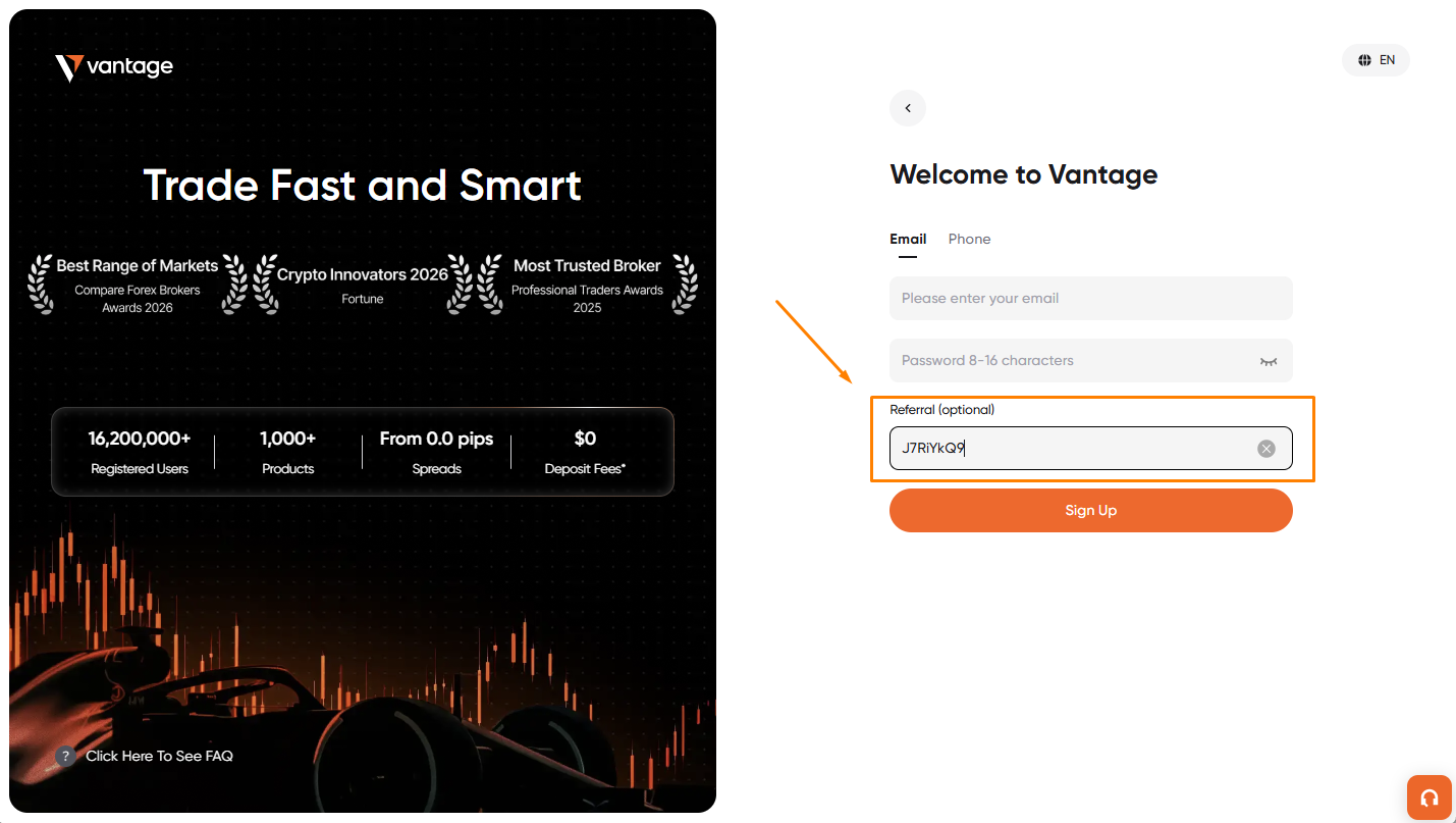 Vantage sign-up form with the referral code J7RiYkQ9 in the Referral field