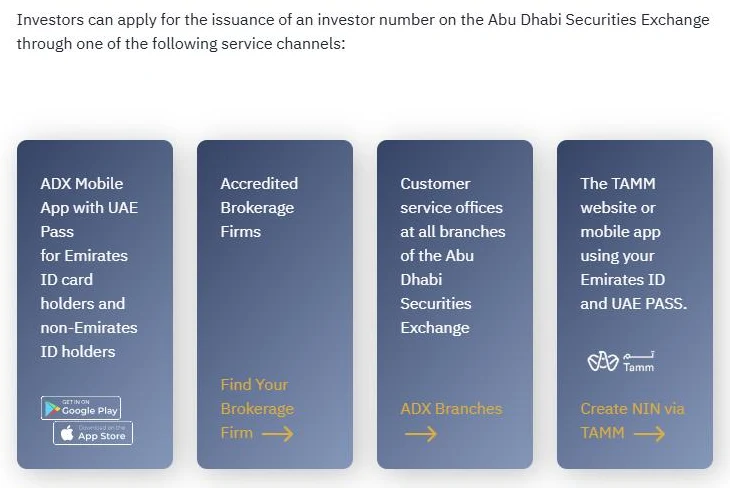 ADX website listing the four ways to get an investor number (NIN): ADX mobile app with UAE Pass, brokerage firms, ADX branches and TAMM