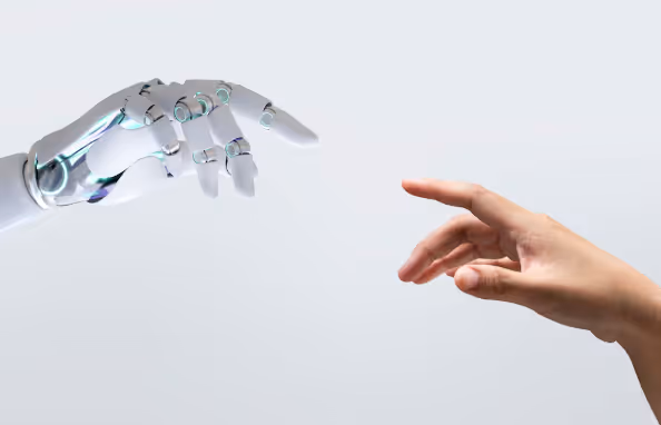 An AI robot hand and a human hand about to touch.