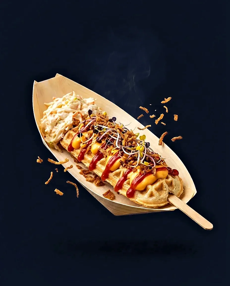 CornDog: Waffelteig am Stiel ums Würstchen gebacken, mit Käsesauce, Ketchup, Röstzwiebeln und Sprossen im Palmblatt-Schiffchen