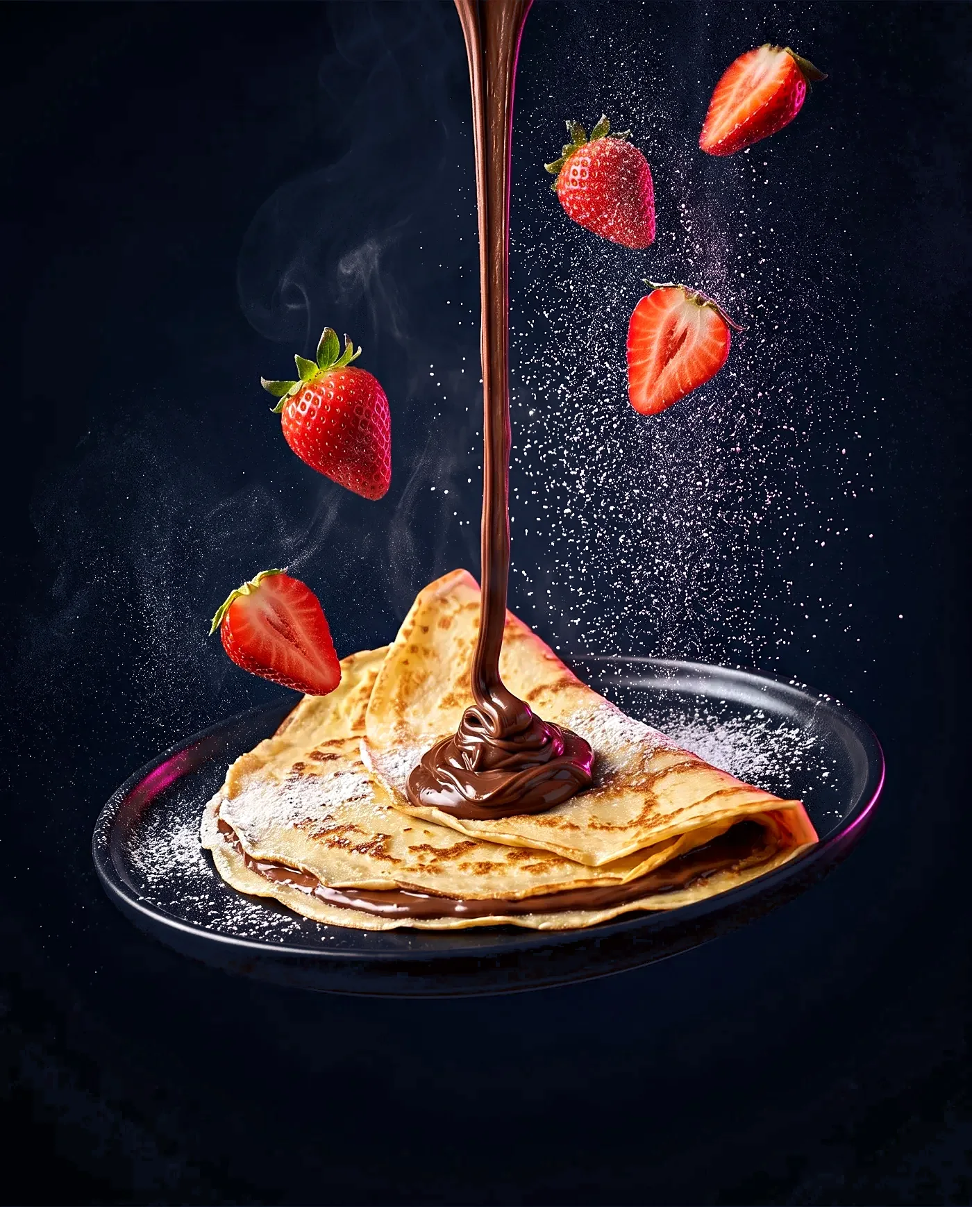 Hauchdünner Crêpe mit frischen Früchten, cinematisch dunkel