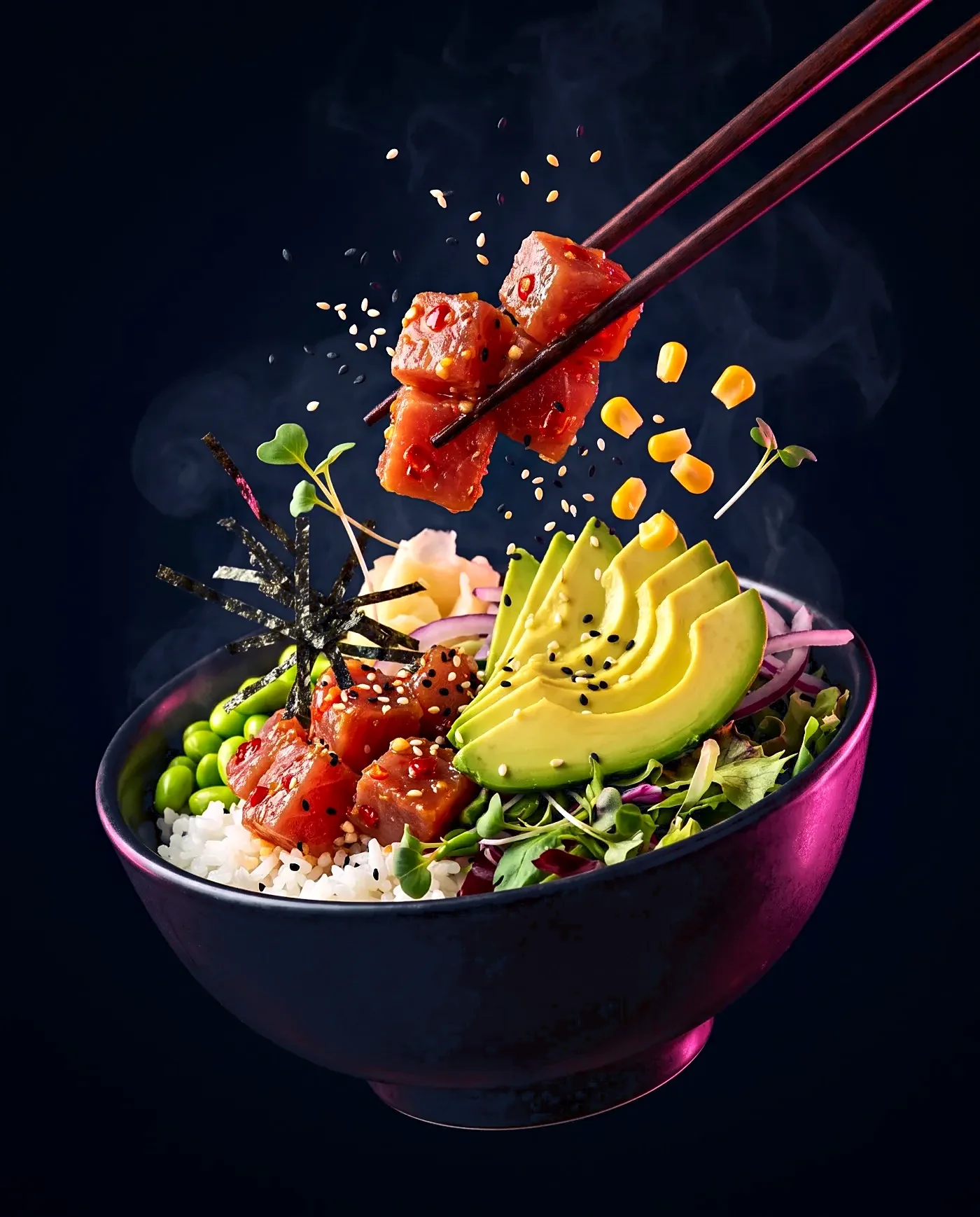 Rice-Bowl mit frischen Toppings, fliegende Zutaten, cinematisch dunkel