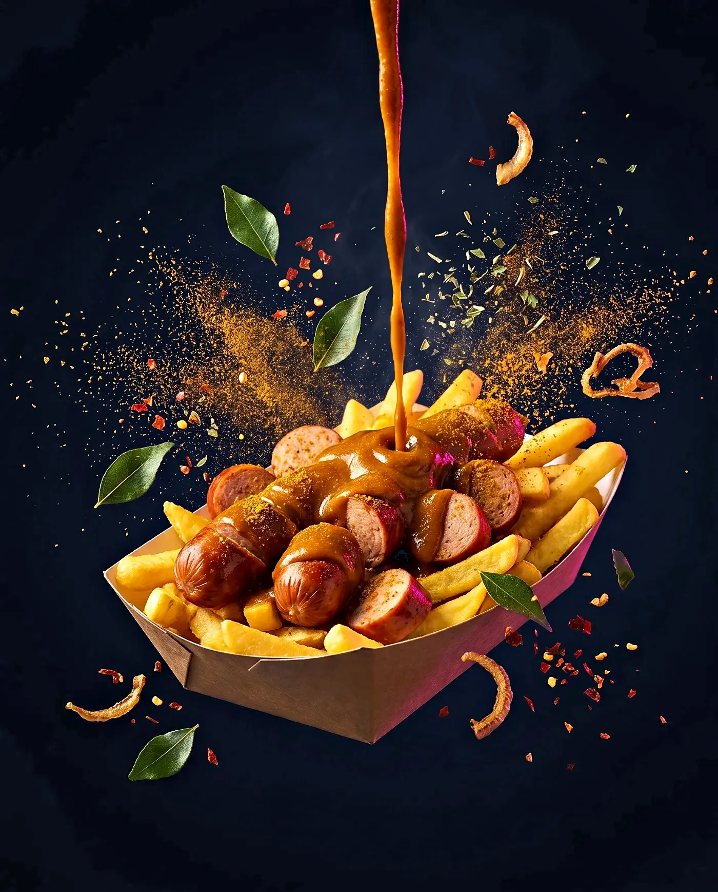 Currywurst mit hausgemachter Sauce, cinematisch dunkel