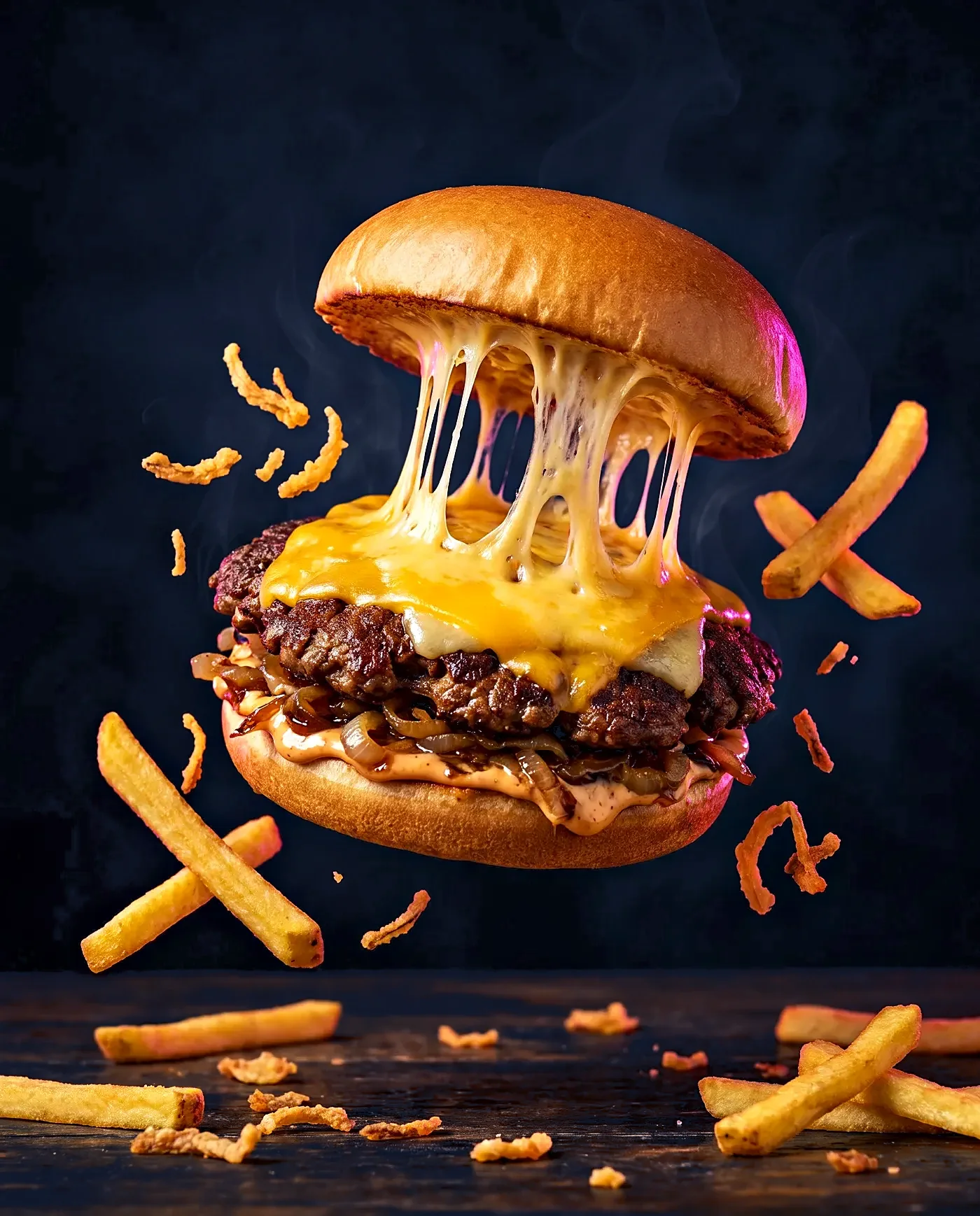 Smashed Burger mit Dry-Aged-Patties und Potato Bun, cinematisch dunkel