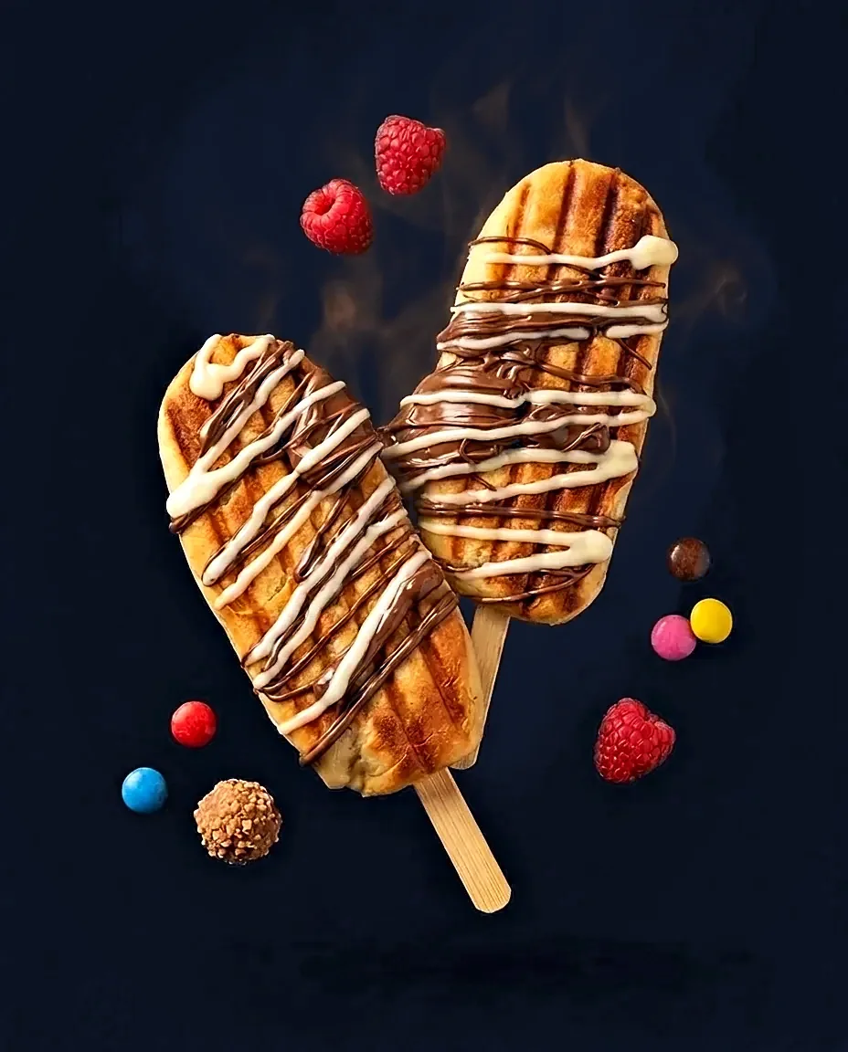 MilkySticks: getoastete Milchbrötchen am Stiel mit Nutella und weißer Schokolade, dazu Himbeeren und Schoko-Linsen