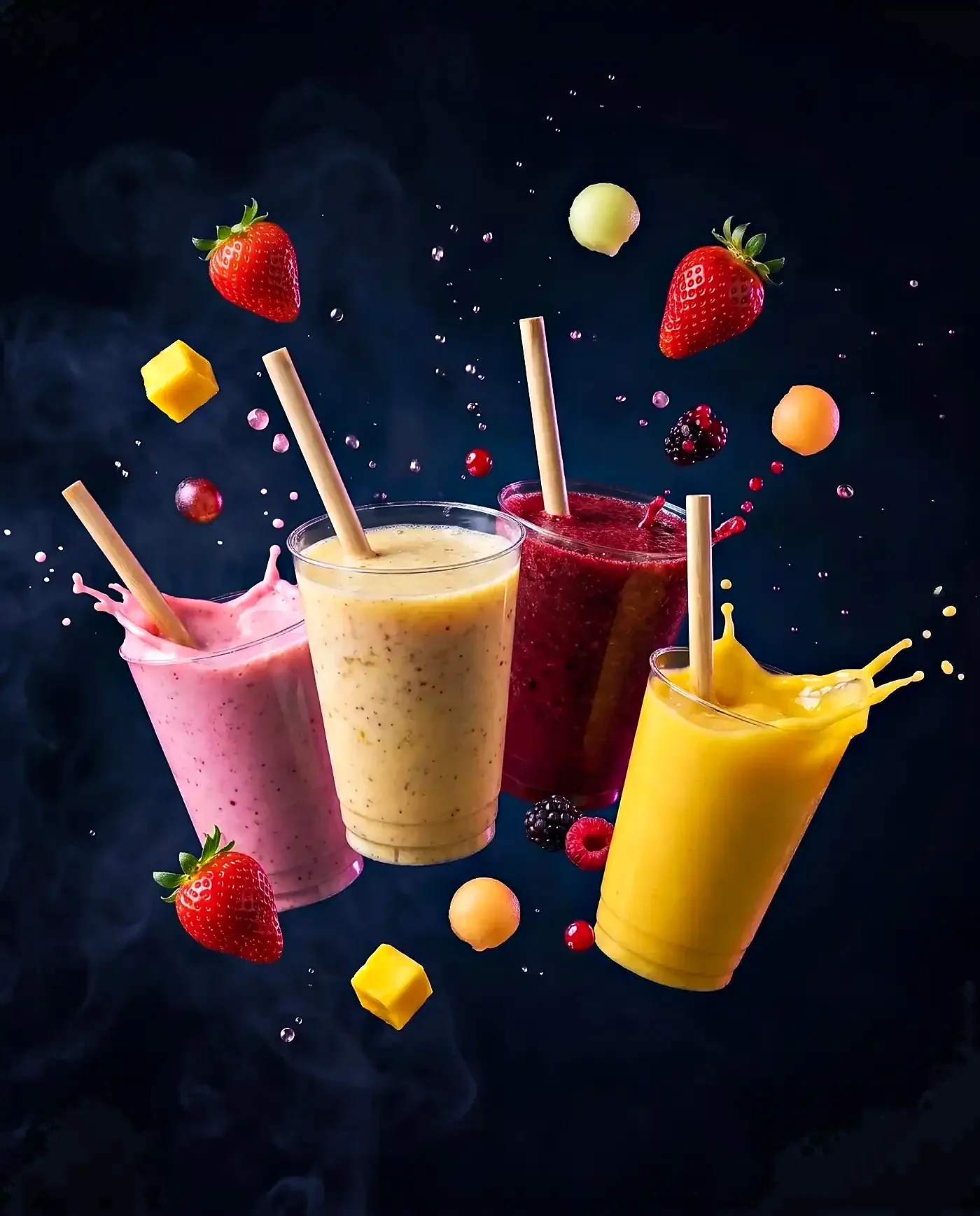 Vier frisch gemixte Smoothies in klaren Bechern mit Holzhalmen, daneben frische Früchte