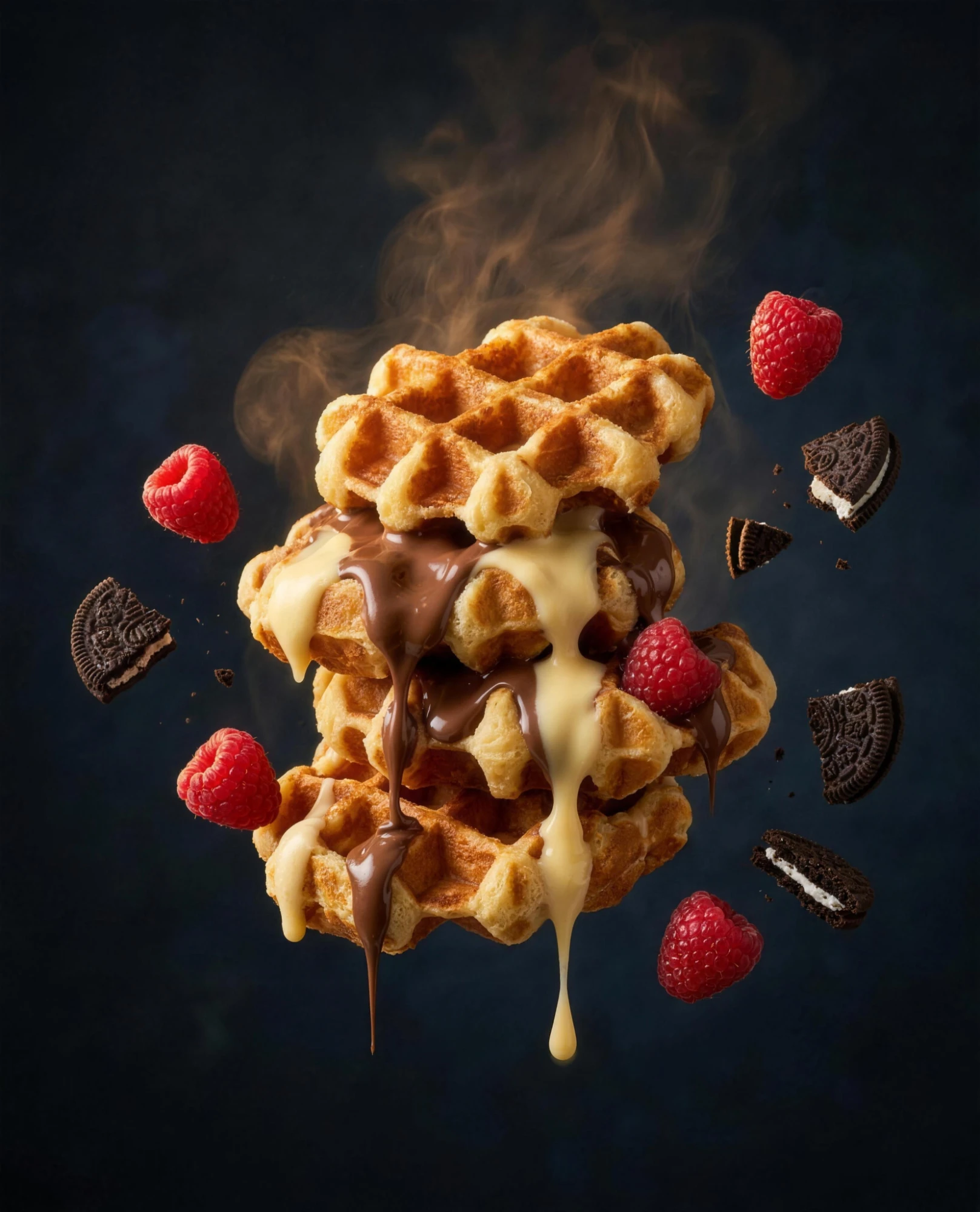 Belgische Waffel-Bites mit Nutella, Vanillesoße, Oreo-Stückchen und frischen Himbeeren, cinematisch dunkel mit Dampf