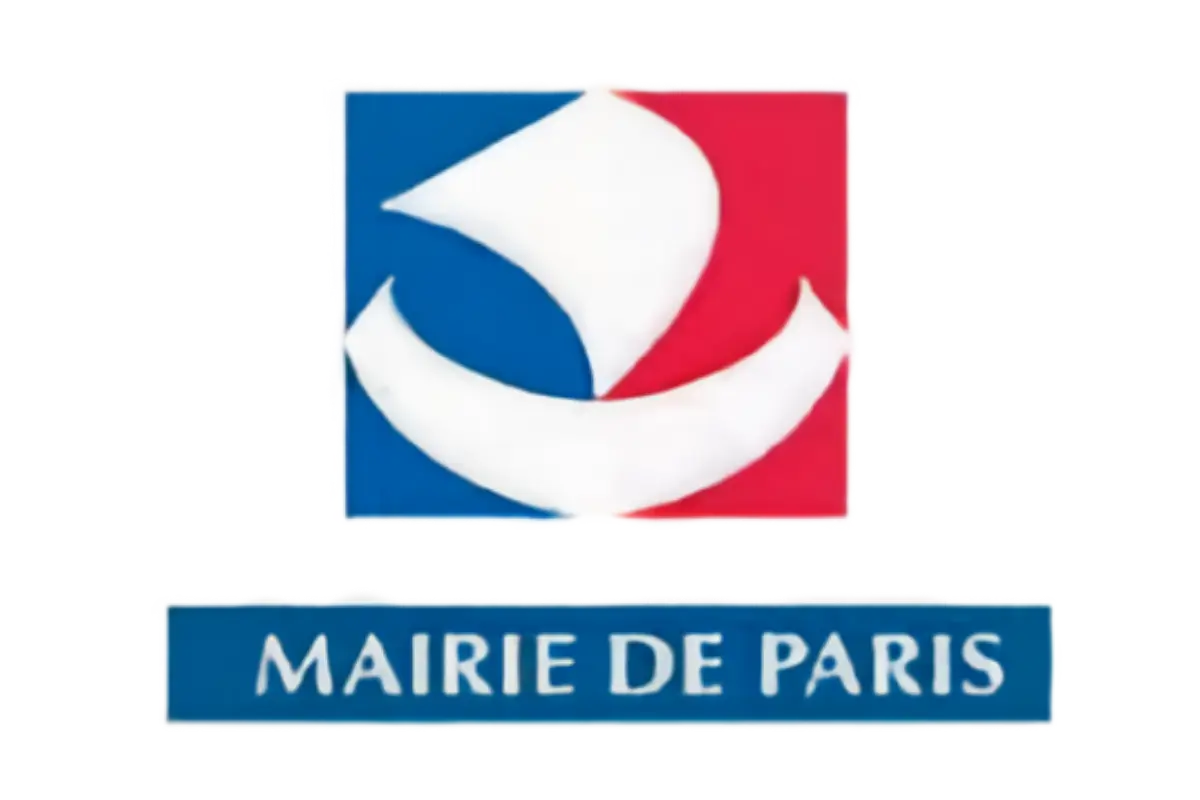 Logo del Comune di Parigi con forme bianche stilizzate su sfondo rosso e blu e scritta Mairie de Paris.