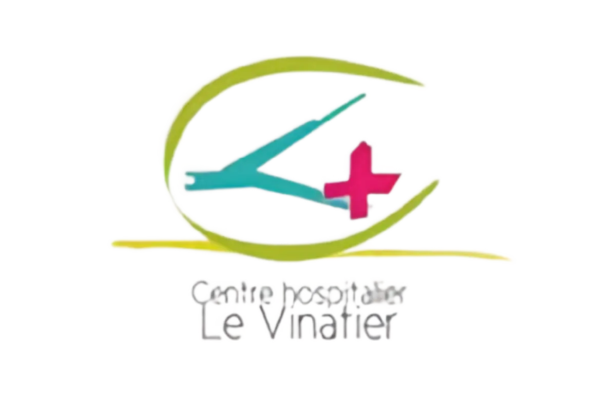 Logo del Centre hospitalier Le Vinatier con un simbolo stilizzato verde e una croce rossa.