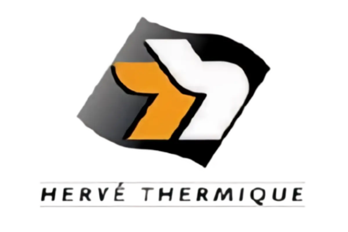 Logo di Hervé Thermique con frecce bianca e arancione sovrapposte su sfondo nero e grigio.