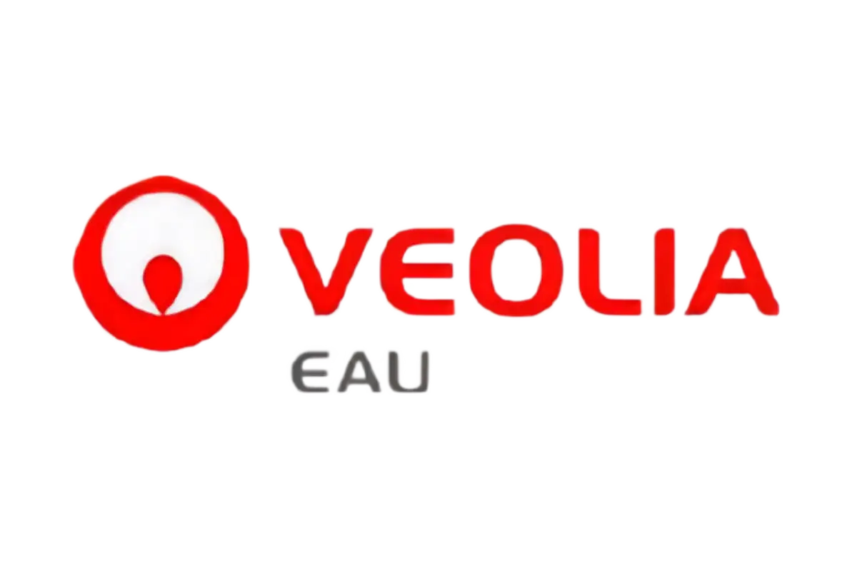 Logo di Veolia Eau con simbolo rosso e testo rosso e grigio su sfondo nero.