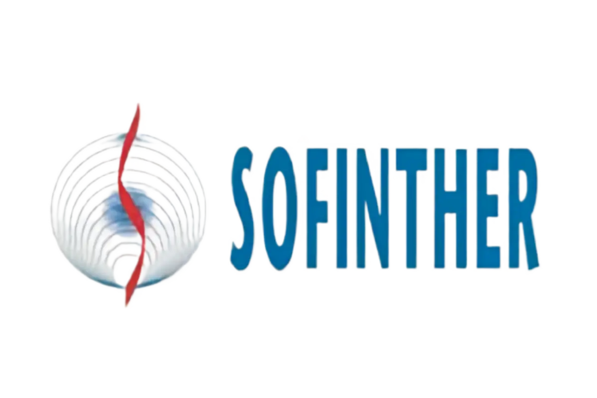 Logo di SOFINTHER con un design a spirale grigia e una linea rossa ondulata al centro.