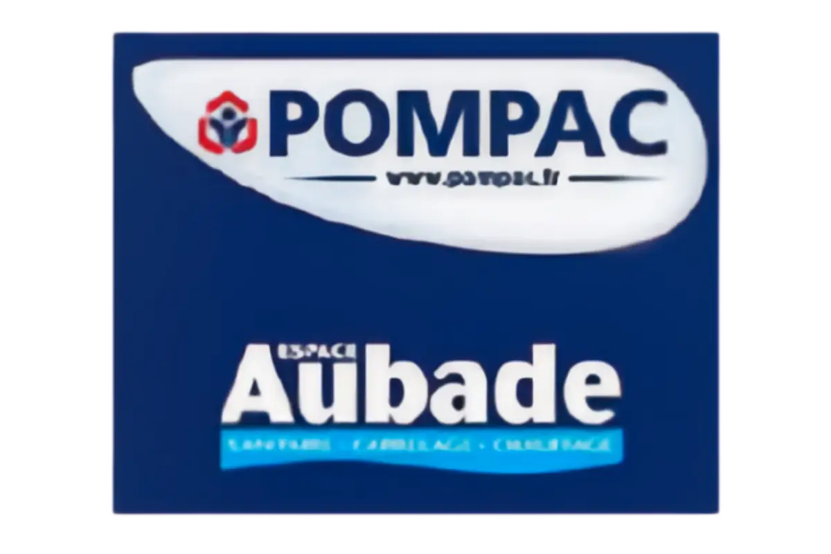 Logo POMPAC con testo Sito Web sopra la scritta Espace Aubade su sfondo blu.