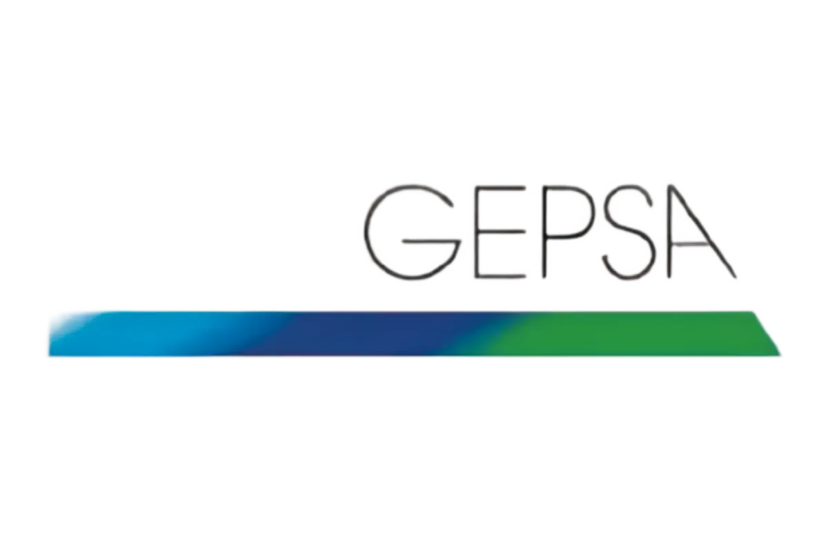 Logo GEPSA con barra orizzontale sfumata dai toni blu al verde.