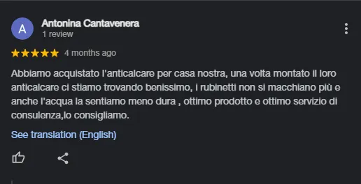 Recensione a 5 stelle di Antonina Cantavenere che elogia un anticalcare, descrivendo la facilità d'uso e l'efficacia nel migliorare la qualità dell'acqua e il servizio di consulenza.