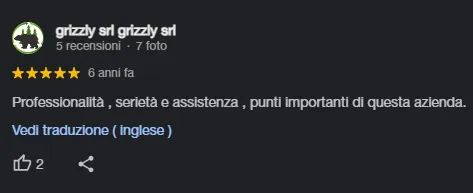 Recensione su Google di grizzly srl: valutazione 5 stelle, 5 recensioni e 7 foto, pubblicata 6 anni fa, con testo che elogia professionalità, serietà e assistenza come punti importanti dell'azienda.