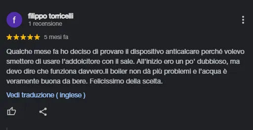 Recensione positiva di Filippo Tornicelli su dispositivo anticalcare che funziona bene e migliora la qualità dell'acqua.