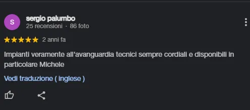 Recensione di Sergio Palumbo con valutazione di cinque stelle, che elogia impianti all'avanguardia e tecnici cordiali, in particolare Michele.