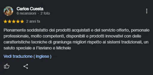 Recensione a cinque stelle di Carlos Cuesta, che esprime piena soddisfazione per prodotti e servizio, lodando il personale professionale e prodotti innovativi.