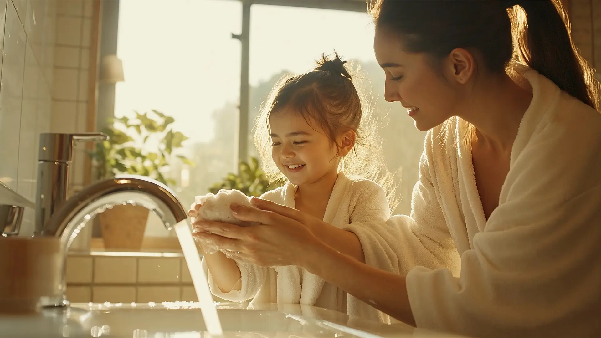 Madre e figlia lavano le mani insieme sorridendo vicino a un lavabo con acqua corrente al mattino.