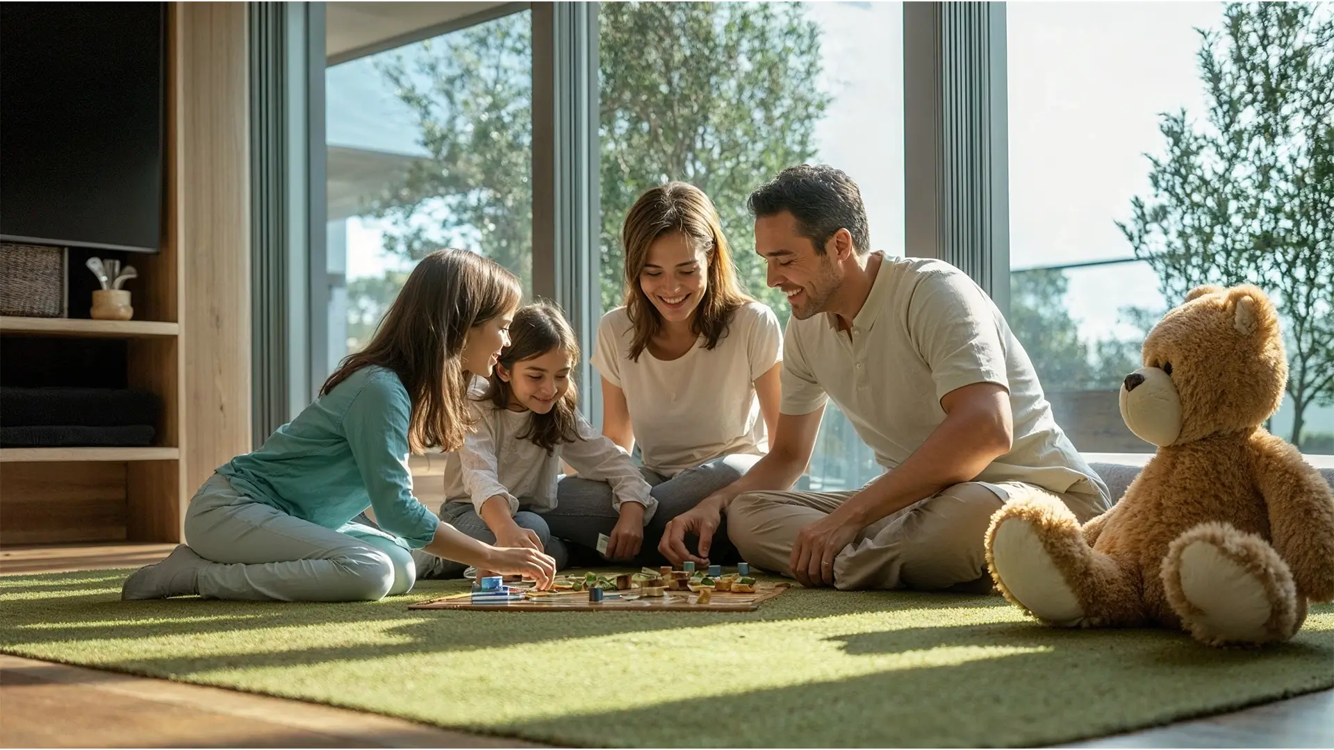 Famiglia di quattro persone sedute sul pavimento a giocare a un gioco da tavolo in una stanza luminosa con grandi finestre e un grande orsacchiotto di peluche a lato.