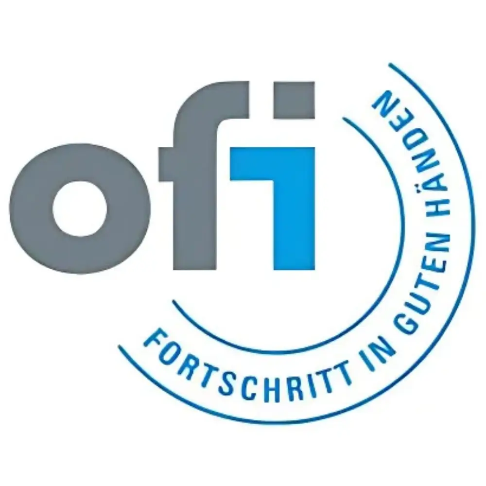 Logo OFI con testo circolare tedesco 'Fortschritt in guten Händen'.