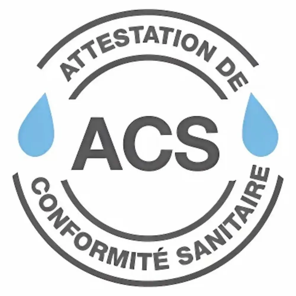 Marchio di certificazione ACS conformità sanitaria con due gocce d'acqua blu.