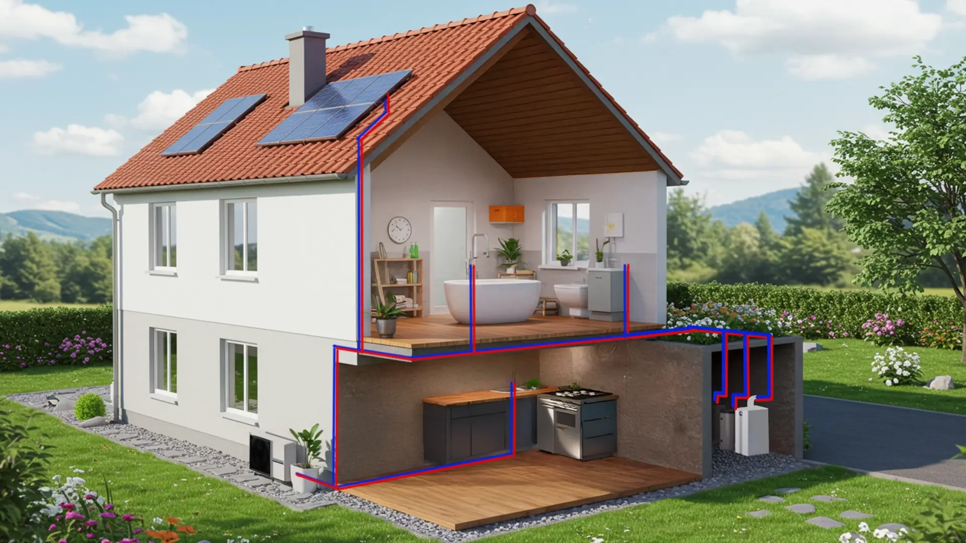 Modello 3D di una casa con pannelli solari sul tetto e un sistema idraulico evidenziato in rosso e blu che attraversa bagno, cucina e caldaia nel seminterrato.