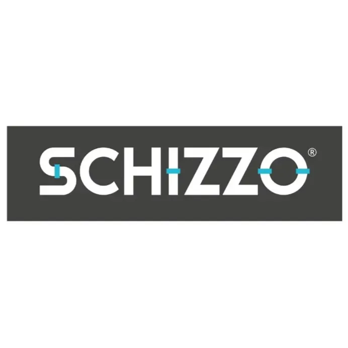 Logo del marchio SCHIZZO con lettere bianche su sfondo nero e accenti azzurri.
