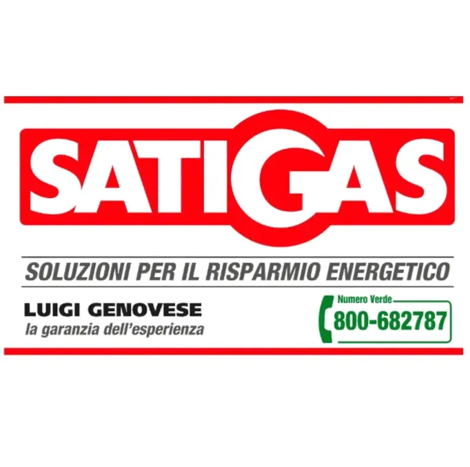 Logo SATIGAS in rosso con testo 'Soluzioni per il risparmio energetico', nome Luigi Genovese e numero verde 800-682787.