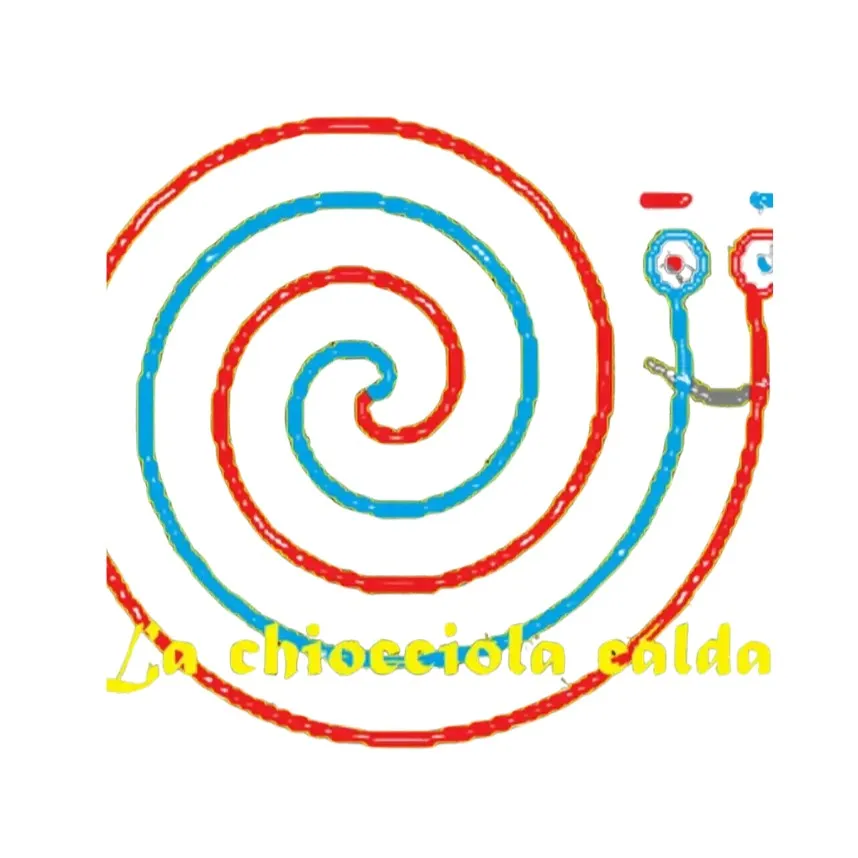 Disegno di una chiocciola stilizzata con due spirali colorate in rosso e blu e la scritta gialla 'La chiocciola calda'.
