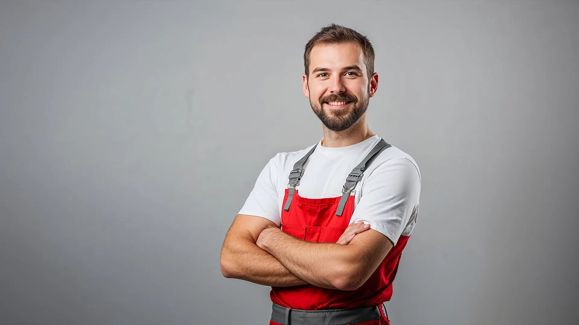 Uomo sorridente con tuta da lavoro rossa e maglietta bianca, con le braccia incrociate.