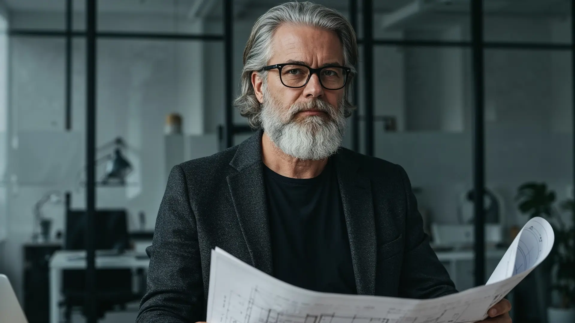 Uomo maturo con capelli e barba grigi che indossa occhiali neri e giacca scura, tiene in mano un progetto tecnico in ufficio moderno.
