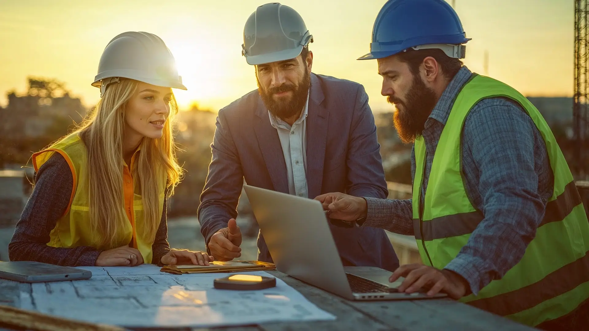Tre ingegneri edili con caschi di sicurezza e giubbotti riflettenti esaminano progetti e usano un laptop in un cantiere al tramonto.