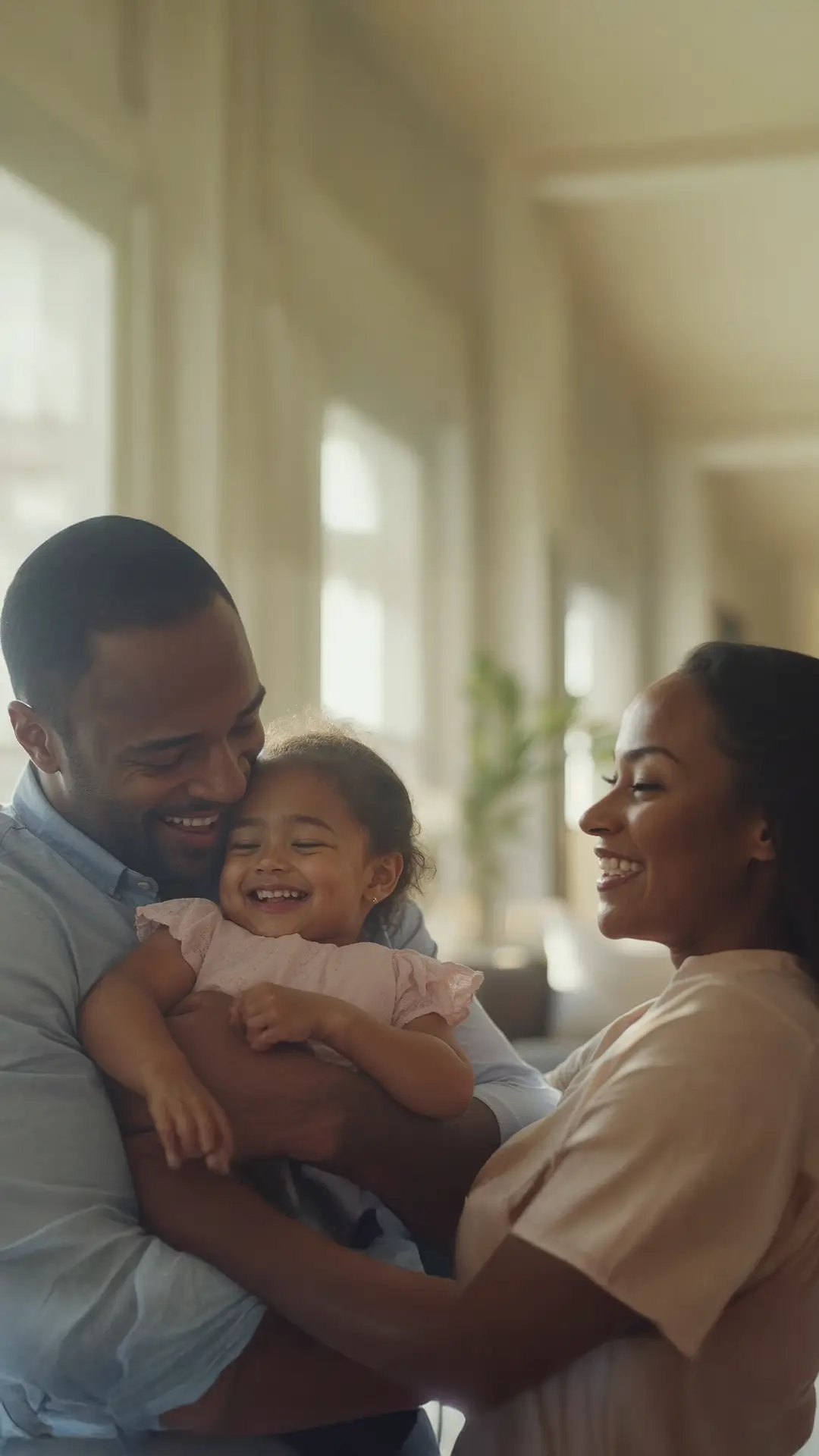 Coppia sorridente che abbraccia felicemente la loro bambina ridendo insieme in una stanza luminosa.