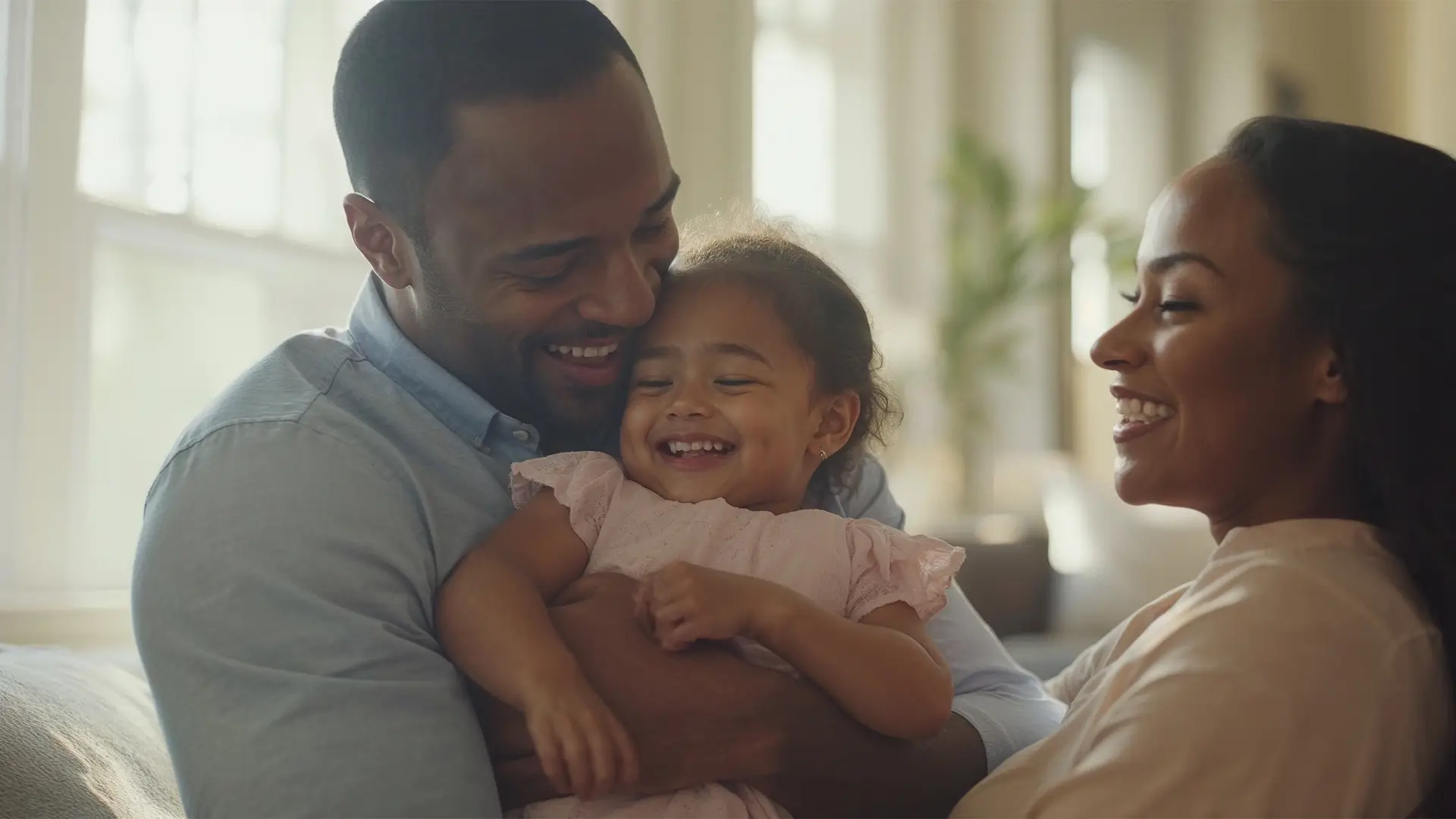 Una coppia abbraccia e sorride con gioia una bambina piccola in una stanza luminosa.